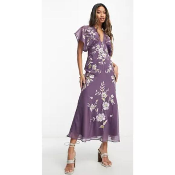 ASOS Dresses & Skirts - ASOS DESIGN Fairy Embroidered Floral Midi Dress with Batwing Sleeve Sz 14 Purple